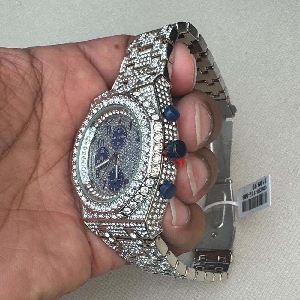 Men’s Iced Out Silver Tone with Blue Accents Watch - Picture 3 of 5